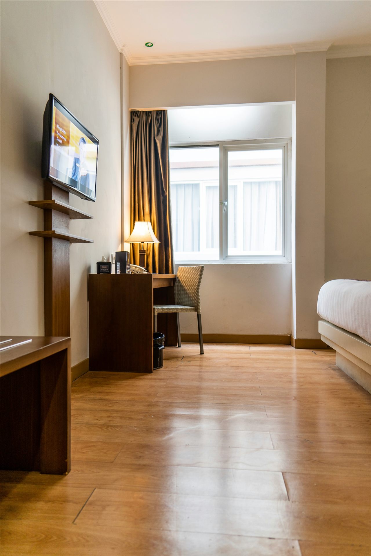 Hotel room with desk and window